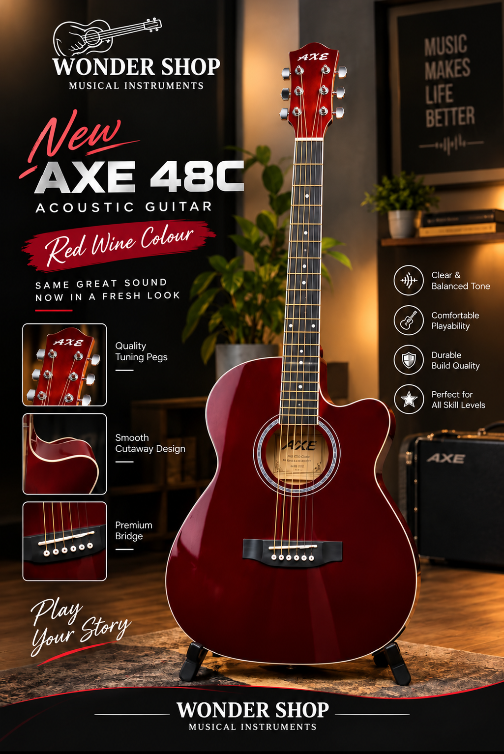 AXE AG-48c Acoustic guitar (Red Wine Colour) - Image 2